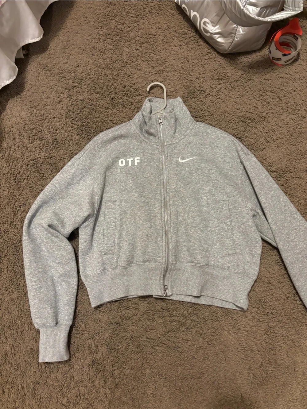 Nike Gray Zip-Up Hoodie with White Swoosh and OTF Print